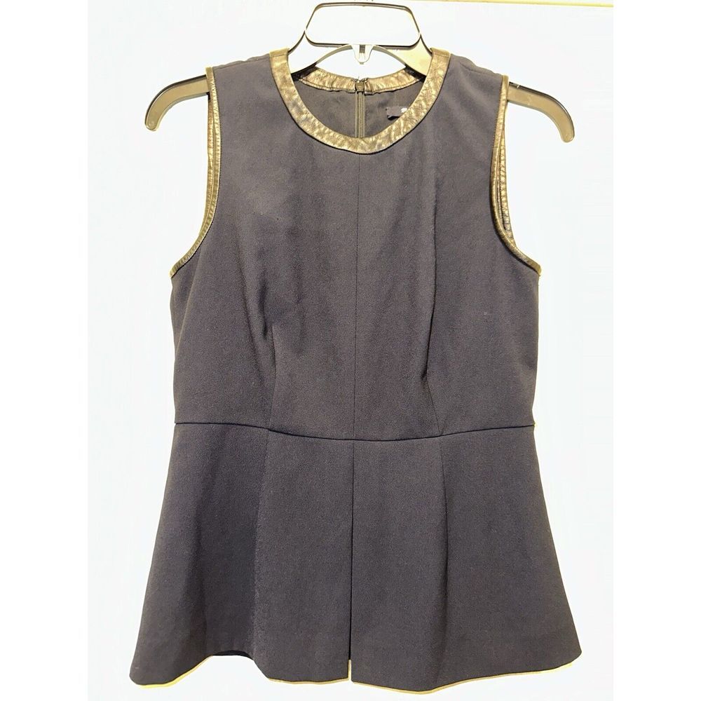 Madewell Sz 0 Navy Peplum Top Black Leather Trim Sleeveless‎ Work Office Blouse